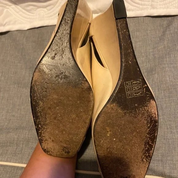 Stuart Weitzman Parchment Patent Leather Peep Toe with Criss Cross Design*** - Picture 4 of 5